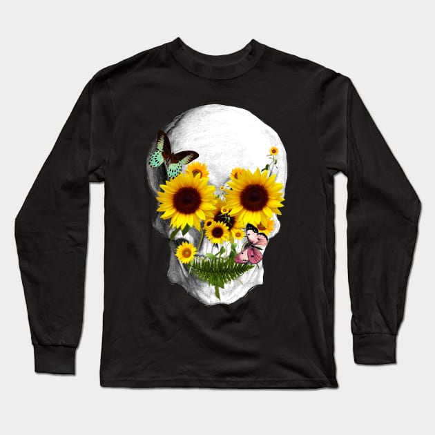 Sage Tribe Skull With sunflowers Long Sleeve T-Shirt by Collagedream
